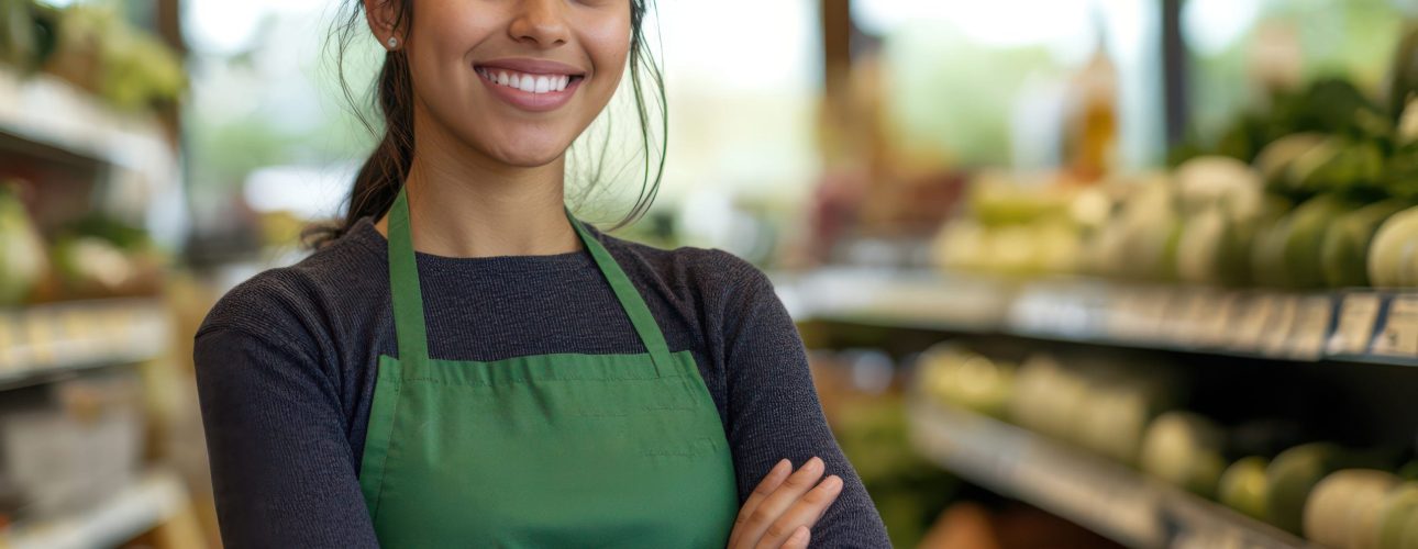 Smiling Hispanic woman in apron standing in organic store with copy space